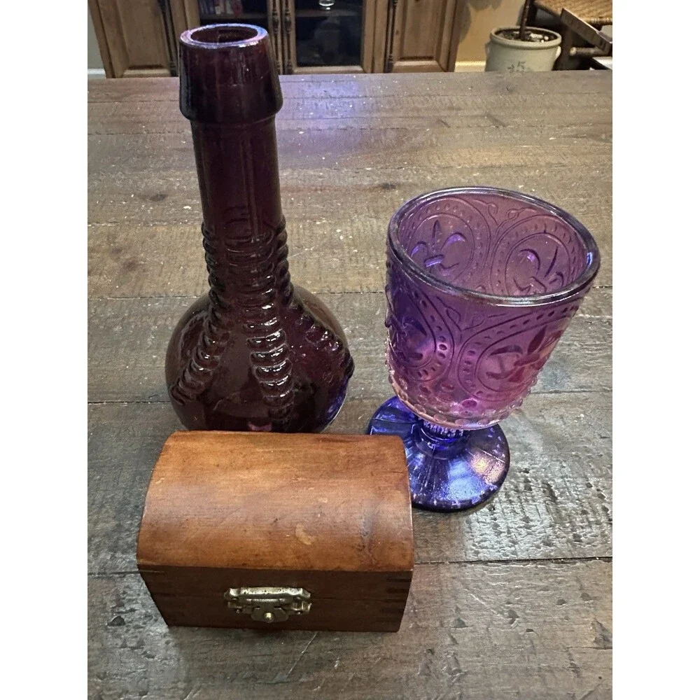 Witchy Decor Bundle – Ball & Claw Bitters Bottle, Purple Goblet & Treasure Chest